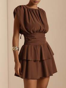 Elafinee Women's Summer Elegant Casual Solid Color Waist-Cinching Dress Brunch Date Coffee Brown - Brown - View 5