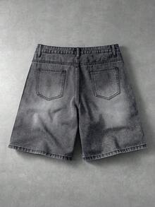 ROMWE MEN Street Life Men's Casual Denim Shorts With Pocket, Button And Rhinestone Decor, Versatile For Daily Wear And Travel - Black - View 2