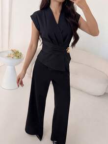 Modelyn Lady's Asymmetrical Waistline Pleated Shirt Metal Decorations Waist-Revealing Daily Commuting Office Dinner Teachers' Day Black Summer Elegant - Black - View 6