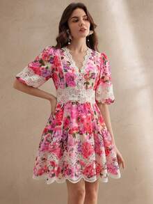 Anewsta Summer Floral Print Lace Trim Waist Cinched A-Line Elegant Ladies Short Dress - Pink - View 5