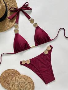 Swim Vcay Solid Color Halter Neck Tie, Waist Metal Trim Decor, Elegant Vacation Women's Swimwear Set - Burgundy - View 7
