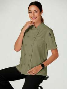 TaskEZ Chaquetas de Chef de Manga Corta Blancas para Mujeres con Botones Delanteros, Manga Corta y Bolsillo, Estilo Minimalista - Verde militar - Ver 5