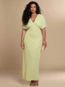 SHEIN BAE CURVE Plus Size Women's Deep V-Neck Lime Green Pleated Batwing Sleeve Dress, Elegant Formal Wedding Wedding Guest Party Guest Solid Color Summer Wedding - Green - View 6