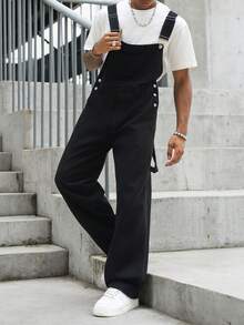 Manfinity EMRG Pantalones largos de peto de mezclilla negra lavada para hombre, pierna recta, corte slim - Negro - Ver 6