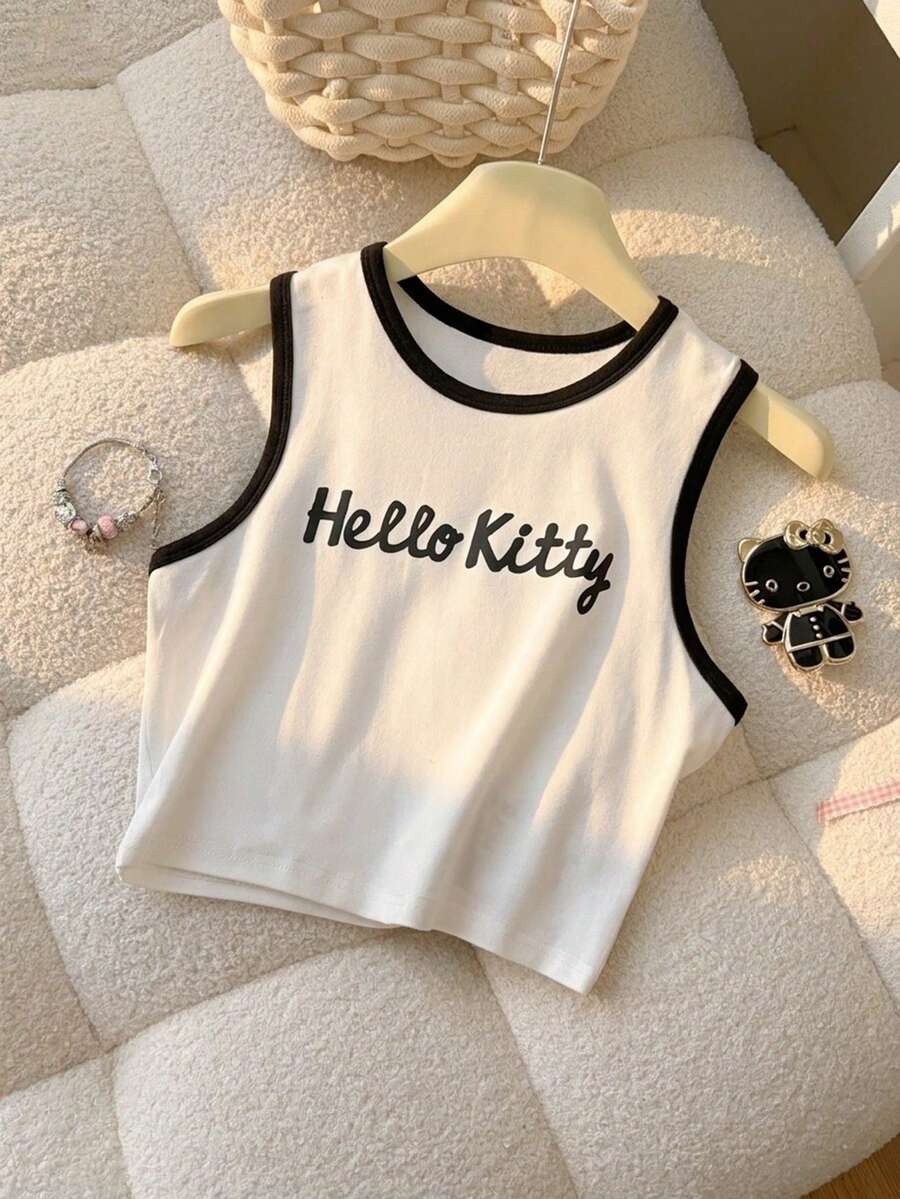 Resyla HELLO KITTY AND FRIENDS | SHEIN 字母印花夏季時尚休閒通勤可愛女款修身背心 - 白色 - 查看 1