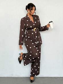 Firerie Plus Size Fashion Commuter Polka Dot Print Jacket & Pants Suit Set Fall/Winter Elegant Office Business Work Suit Sets Women Elegant Polka Dot Suit Set - Coffee Brown - View 6