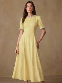 BELROSIE Women's Dress Waist-Cinching A-Line Pearl Beaded Round Neck Cuffs Princess Line Large Swing Elegant Vintage Old Money White And Gold Dinner Summer - Yellow - View 7