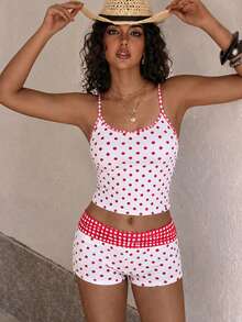 SHEIN Swim 女款夏季新款海灘泳裝度假甜美可愛波點格紋印花背心吊帶比基尼短褲兩件式泳衣套裝，適合海灘海邊游泳度假 - 彩色 - 查看 2