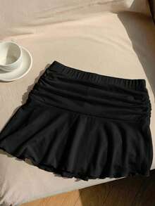Comfortcana Women's Solid Color Pleated Elastic Waist Casual Ruffle Hem Skirt - Black - View 2