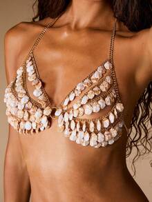 Opulessa Top halter de moda versátil para mujer con decoración de conchas y eslabones metálicos, para vacaciones y viajes - Albaricoque - Ver 8