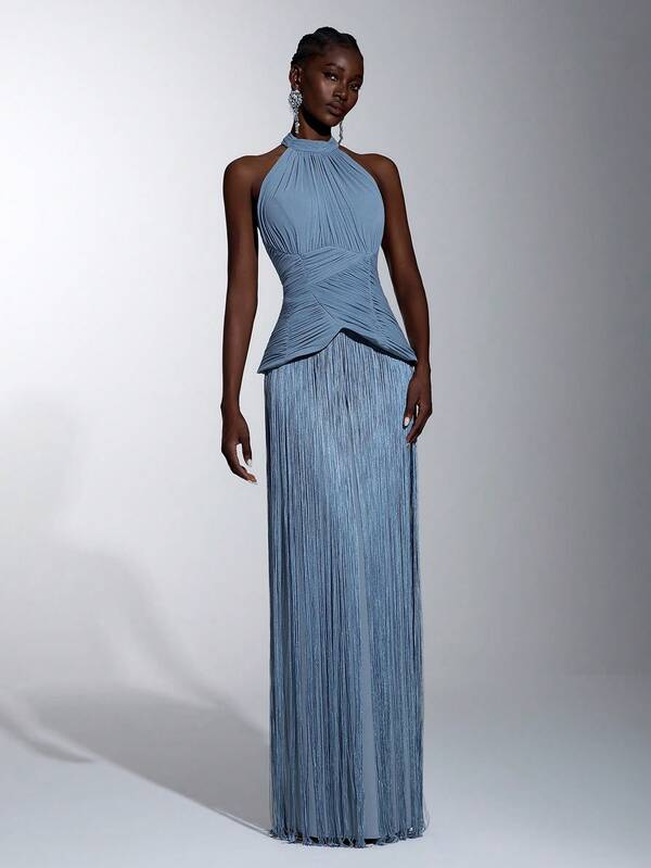 Elitara Elegant Luxury Knitted Sequin Halter Neck Backless Waist Pleated And Tassel Decor Evening Dress, Suitable For Exhibition, Business Event, Wedding, Bachelorette Party, Vacation, Date And Other Formal Occasions