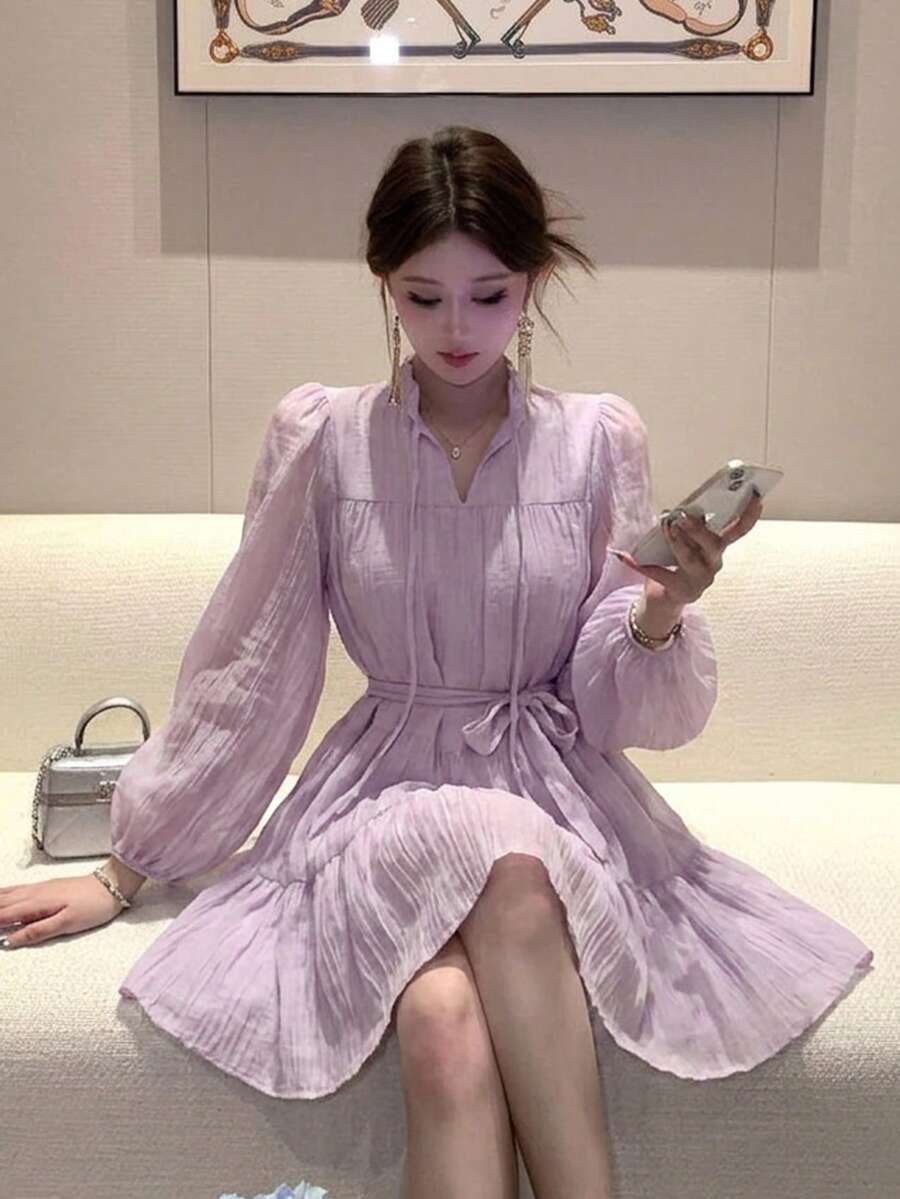INAWLY Lavender V-Neck Tie-Waist Puff Sleeve Dress (With Tie)
