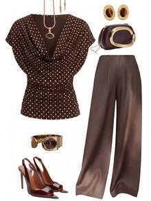Gownix Brown And White Polka Dot Print Cowl Neck Ruched Short Sleeve Top Office Summer Elegant - Mocha Brown - View 1