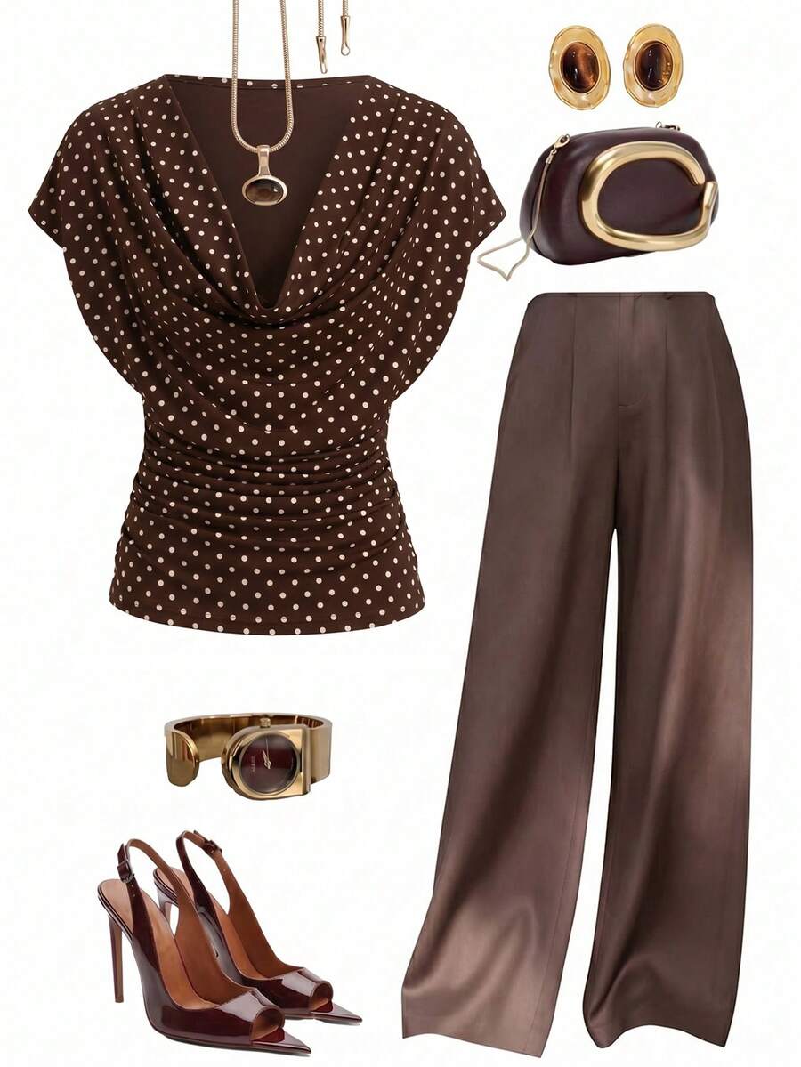 Gownix Brown And White Polka Dot Print Cowl Neck Ruched Short Sleeve Top Office Summer Elegant - Mocha Brown - View 1
