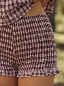 WESTFADE Gingham Plaid Square Neck Peplum Tank Top & Smocked Ruffle Hem Fitted Shorts Matching Set, Western, Female Country Look, Cowgirl, Rodeo, Fall, Autumn - Pink - View 4