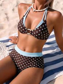 Swim Mod 女款夏季海灘波點印花掛脖綁帶性感時尚比基尼兩件式泳衣套裝 - 棕色 - 查看 4