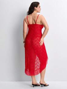 Slumbrini Camisón de encaje transparente y fruncido con abertura, conjunto de lencería sexy con tirantes finos para tallas grandes - Rojo - Ver 2