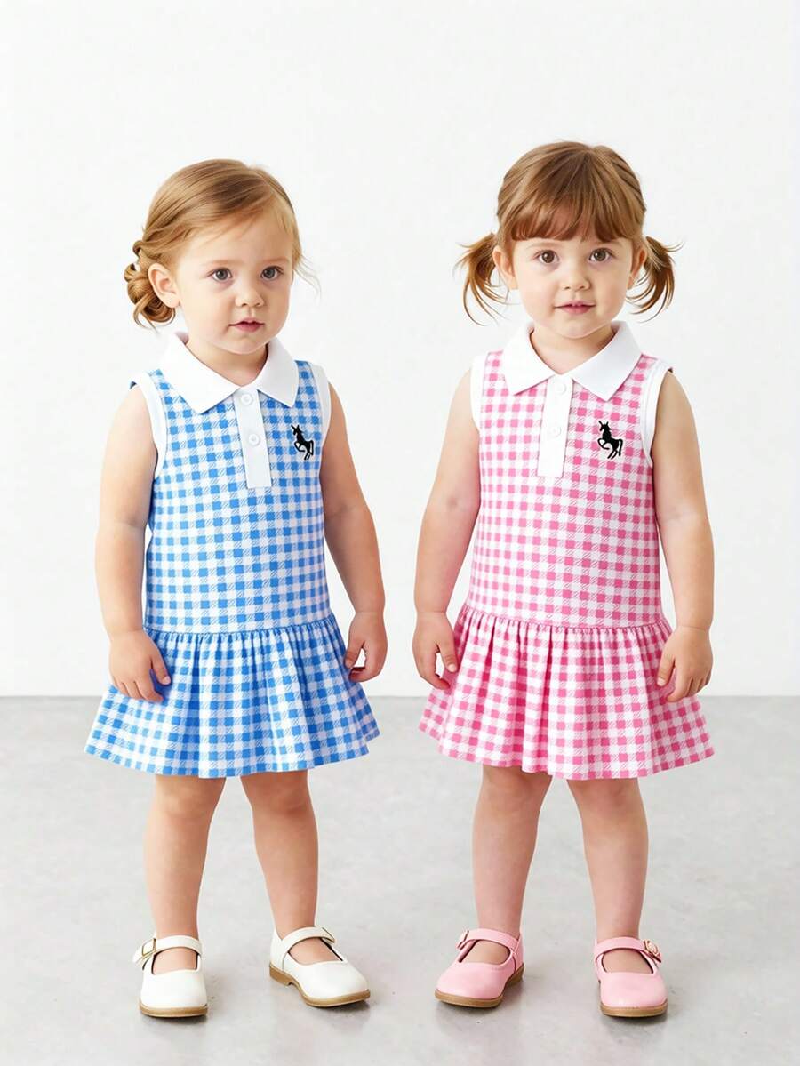 SHEIN Playful Pals 2件組女嬰夏季領口格紋洋裝，適合外出、休閒、運動、派對