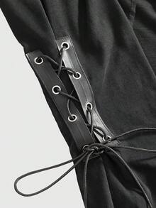 ROMWE Goth Forbidden Art 女款連帽上衣 金屬扣飾 繫帶抽繩設計 不對稱下擺 破舊風 性感 - 黑色 - 查看 11