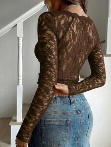 SHEIN ChicEase 女式法式浪漫蕾丝蝴蝶结性感上衣 - 棕色 - 查看 2