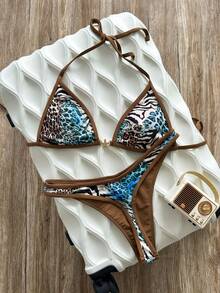 Swim Vcay Women's Summer Beach Vacation Sexy Leopard Print Metallic Star Decoration Halter Strap Triangle Cup Bikini Swimsuit Two-Piece Set - Brown - View 3