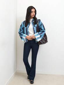 Nöista Women's Striped Cropped Jacket In Warm Pink And Rust Tones With Contrast Patch Pockets And Relaxed Fit. Lightweight Cotton Fabric With Button-Front Closure And Modern Boxy Silhouette-Perfect For Spring Layering, Casual Chic Outfits, Everyday Wear, Summer Styling, And Transitional Seasons. - Blue - View 6