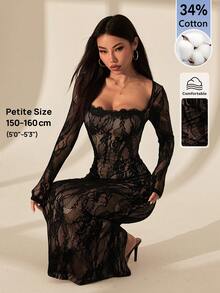 SHEIN PETITE 女款蕾絲方領性感約會派對洋裝 - 黑色 - 查看 10
