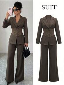 Modelyn Spring/Summer Gentle Commute Elegant Fashion Elegant Lace Patchwork Versatile Slimming Women's Suit Set - Coffee Brown - View 6