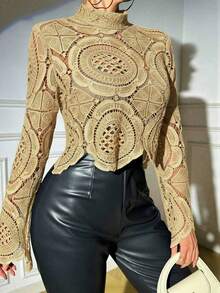 Glamine Water-Soluble Floral Placement Border Sheer Blouse - Khaki - View 4