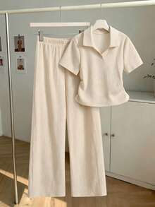 Tween Girl Short Sleeve Pleated Collar T-Shirt Solid Color Long Pants Set - Multicolor - View 4