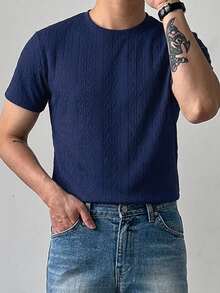 DAZY Camiseta de manga corta de unicolor en tela texturizada azul para hombre para el verano - Azul Marino - Ver 4