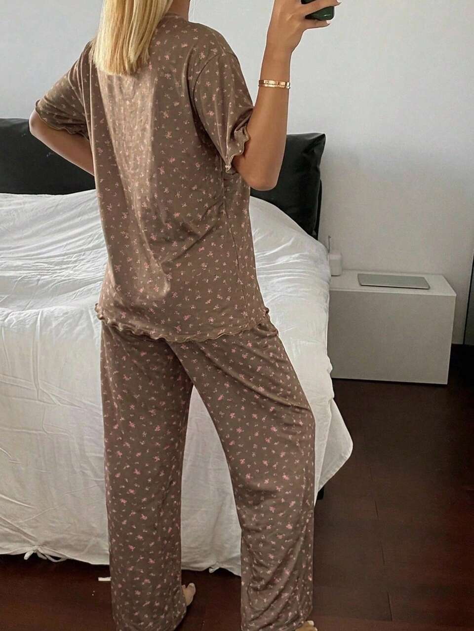 2pcs Sweet Ditsy Floral Loose Short Sleeve T-Shirt & Loose Straight Leg Long Pajama Pants Set, Summer Women's Sleepwear Outfit