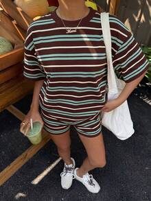 Muchica 女款夏季字母與檸檬印花圓領短袖T恤搭配條紋短褲休閒兩件套 - 彩色 - 查看 5