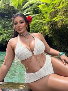 Swim Vcay Conjunto de Bikini de Dos Piezas Talla Grande con Decoración de Cadena de Conchas, Texturizado, Sexy, con Halter y Amarre para Verano - Blanco - Ver 5