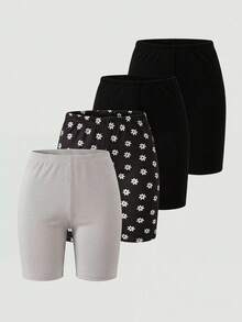 4pcs/Set Girls' Solid Color Leggings, Comfortable Fitted Short Design, Suitable For Spring, Summer, Autumn - Multicolor - View 1