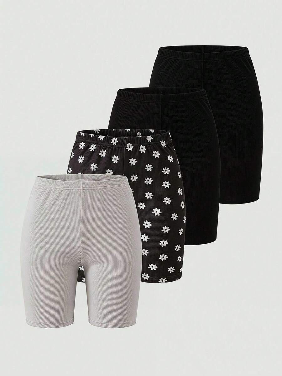 4pcs/Set Girls' Solid Color Leggings, Comfortable Fitted Short Design, Suitable For Spring, Summer, Autumn - Multicolor - View 1