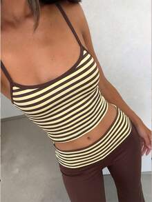 MainGRL 女款條紋拼接色塊細肩帶上衣與長褲休閒日常兩件套 - 彩色 - 查看 5