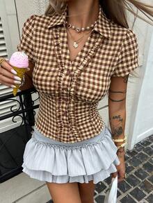 DAZY Women's Vintage Sweet Brown & Beige Plaid Collared Puff Short Sleeve Button-Up Cardigan Blouse With Ruffle Trim, Cinched Waist, Slim Fit Cute Tops - Brown - View 6