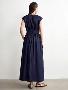 Aalyst Women's Solid Color Faux Linen Round Neck Loose Fit Button-Front Cinched Waist A-Line Dress Side Pockets Cap Sleeves Navy Blue Elegant Casual Office - Navy Blue - View 7