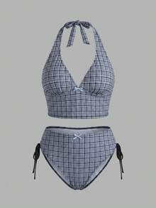 Swim Mod 2026新款夏季度假格紋鄉村風甜美大尺碼分體比基尼泳衣 - 黑與白 - 查看 1