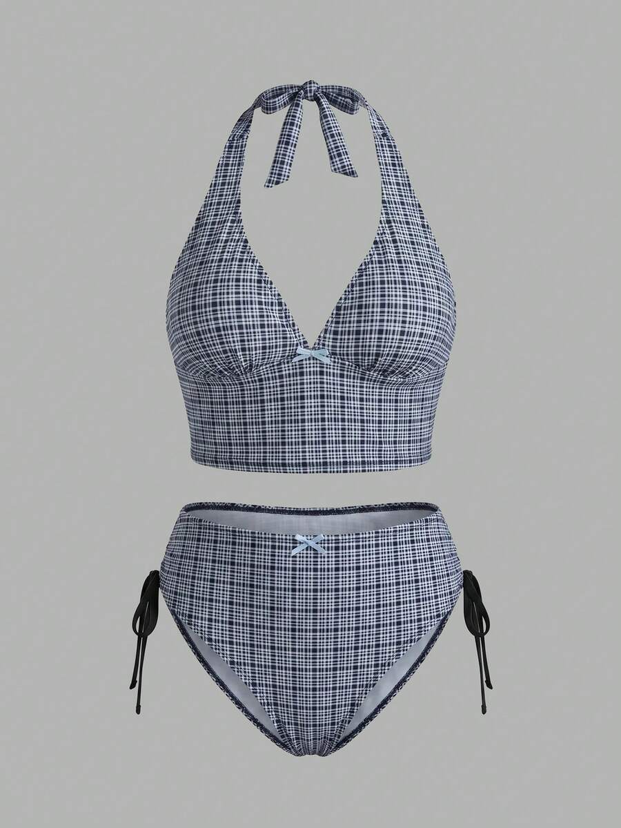 Swim Mod 2026新款夏季度假格紋鄉村風甜美大尺碼分體比基尼泳衣 - 黑與白 - 查看 1