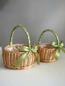 1PC Small Handheld Woven Rattan Wicker Flower Basket With Bow Practical Storage Decorative Basket For Birthday Party Wedding Bridal Shower Garden Home Decor Gift For Her Friends Must Haves - green - View 5