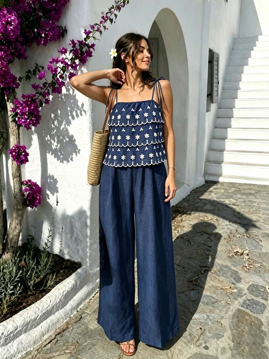 TaskSense Vacation Casual Sexy Breezy 2 In 1 Spaghetti Strap Jumpsuit Beach Vacation Navy Blue Floral Summer