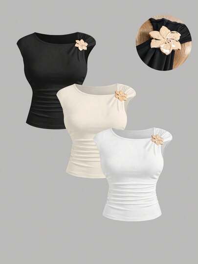 Mistrie Conjunto de 3 camisetas para mujer de verano, color liso, escote asimétrico, decoración de hombro metálica, diseño de hombro, negro, blanco, albaricoque, multicolor