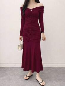 DAZY Elegant Off Shoulder Pleated Midi Dress, Solid Color,Fall Clothes Long Sleeve Dress Red Women Dresses - Burgundy - View 7