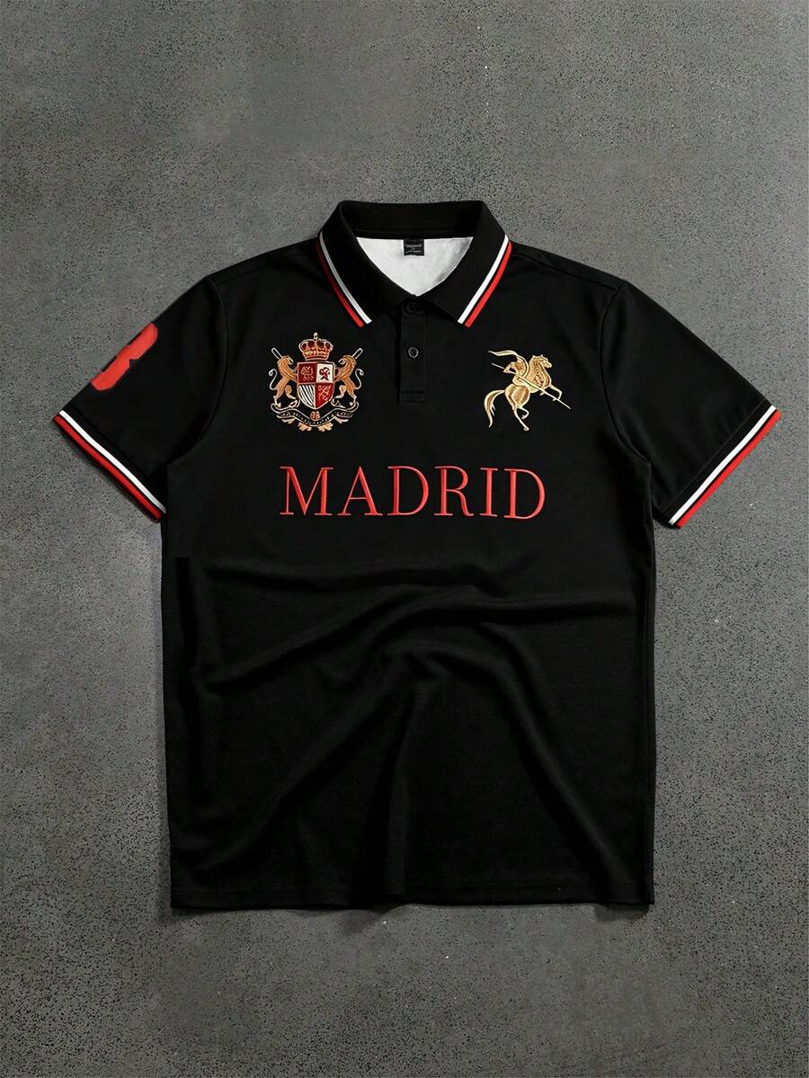 STYNVO 男士大尺碼字母條紋印花短袖休閒 Polo 衫 - 黑色 - 查看 1