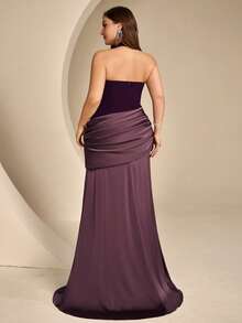 Coutiva Vestido de Noche Formal de Talla Grande con Bloques de Color, Patchwork, Espalda Descubierta, Cuello Halter y Corte de Sirena - Rojo violeta - Ver 2