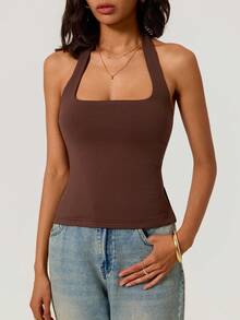 SHEIN BASICS 女款純色側開衩下擺修身掛脖背心 - 黑色 - 查看 3