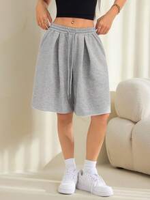 SHEIN PETITE 女款春夏街頭風度假日常穿著返校休閒運動基礎款寬鬆低腰百慕達跨襠褲 - 灰色 - 查看 3