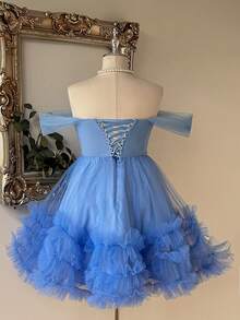 Lovelzi Plus Size Elegant Luxurious Light Blue Hanging Sleeve Crochet Lace Patchwork Satin Handmade Embroidery Applique Waist Sheer Boning Fitted Short Dress Suitable For Date Single Party Cocktail Party Ball - Blue - View 3